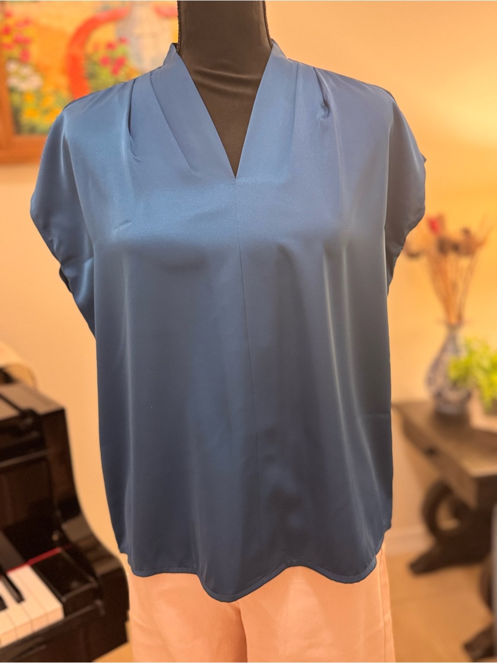 Satin V-Neck Cap Sleeve Top in Teal Blue